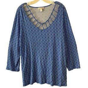 Dana Buchman XXL Blouse Cutout Neck Flowy Medallion Boho Beach Resort Chic